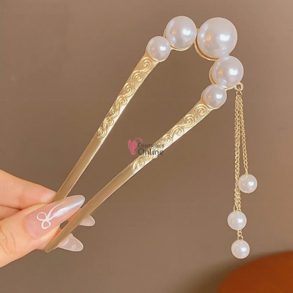 Accesoriu de par modern Japonez pentru cocuri din metal JPN10JJ Auriu cu perle